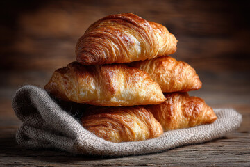 Golden, flaky croissants are neatly arranged on linen in a welcoming bakery
