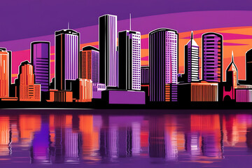 Colorful Sunset City Skyline with Reflections