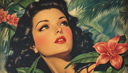 Vintage Portrait Of A Woman With Dark Hair And Red Lips Amidst Tropical Flowers