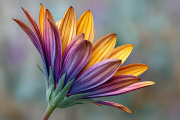 Fototapeta premium A stunning arrangement of flower petals in purple and orange tones stands out against a blurred backdrop