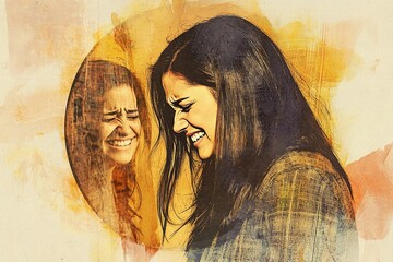 Watercolor Portrait of a Joyful Person with a Reflection, Warm Colors and Background