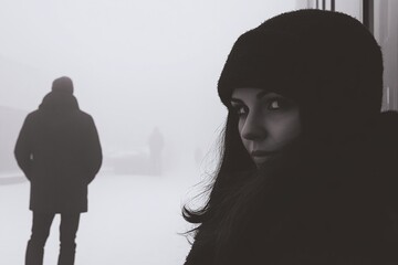 Woman And Man In Snowy City Street, Black And White Photography