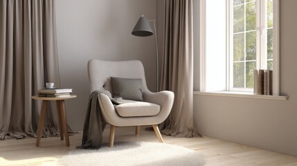 reading corner interior, soft armchair, floor lamp, small side table with books, cozy rug, window with flowing curtains 
