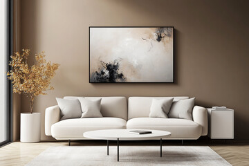 High-Resolution Beige Living Room with Abstract Art