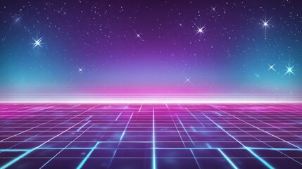Retro-inspired vaporwave gradient background with glowing grid lines, magenta and electric cyan blend, subtle digital stars, nostalgic 80s sci-fi vibe