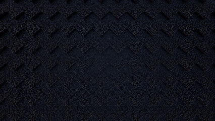 Dark abstract background featuring a rough textured surface with raised chevron shapes forming a repeating geometric pattern.
