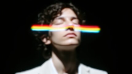 Conceptual Portrait of Person with Colorful Light Bar Across Face