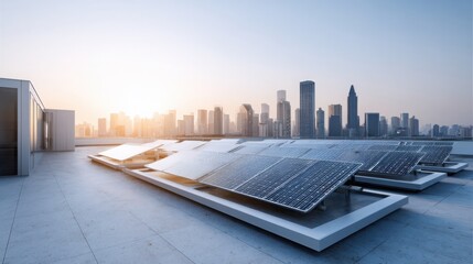 rooftop solar panels glowing in golden hour light, urban skyline, quiet rooftop ambiance, soft shadows