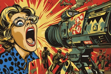 Woman Expressing Shock With Vintage Camera Illustration