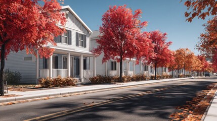 row of identical townhouses with red and orange trees lining the street, fallen leaves on the road, crisp autumn light, cozy suburban vibe, sharp details 