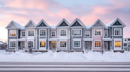 row of identical townhouses covered in fresh snow, snow-covered street, warm window light glowing from inside, soft pastel winter sky, serene atmosphere 