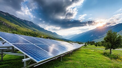 solar panel farm in picturesque mountain valley, clean energy concept, green meadows, dramatic sky, realistic sunlight reflections on panels