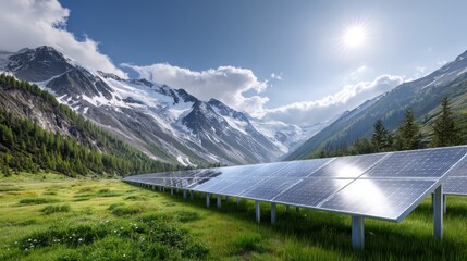 solar panel farm in picturesque mountain valley, clean energy concept, green meadows, dramatic sky, realistic sunlight reflections on panels 