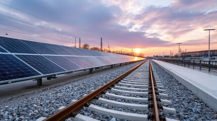 solar panels installed alongside modern railway track, industrial yet clean aesthetic, sunrise atmosphere, long perspective