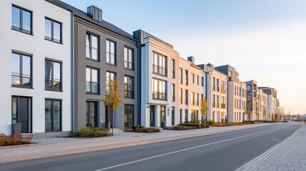 street with identical modern townhouses in minimalist Scandinavian style, early morning light, empty road, soft shadows, warm glow on facades, clear sky