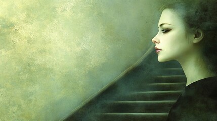 Woman Profile Portrait Green Background Stone Steps Vintage Art