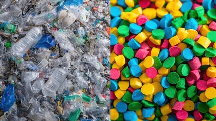 split view: on the left side - messy plastic trash, on the right side - organized colorful recycled pellets, visual transformation, educational style 