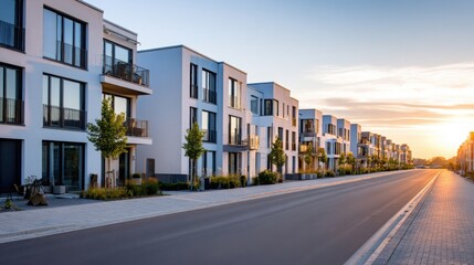 street with identical modern townhouses in minimalist Scandinavian style, early morning light, empty road, soft shadows