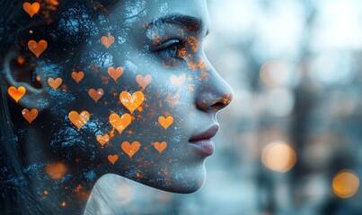 Woman's Profile Portrait with Orange Hearts and Blue Lights Overlay