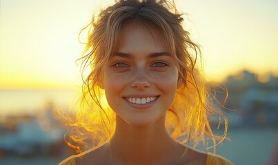 Woman Smiling at Sunset on Beach