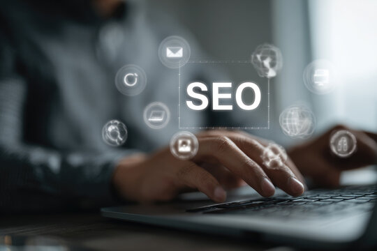 Multi exposure of seo icon with man working on computer on background. Concept of search engine optimization