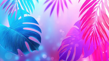 Vibrant tropical leaf silhouettes against a vivid neon gradient background, colors blending from electric blue to hot pink, sharp outlines and soft fog