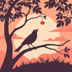 Bird picking cherry from tree silhouette