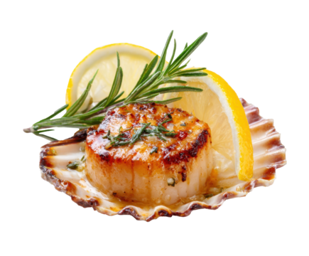 Grilled scallops with lemon and rosemary on a shell