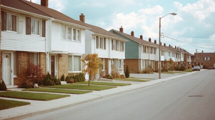 vintage suburban street with row of identical townhouses, soft film grain, slightly faded colors