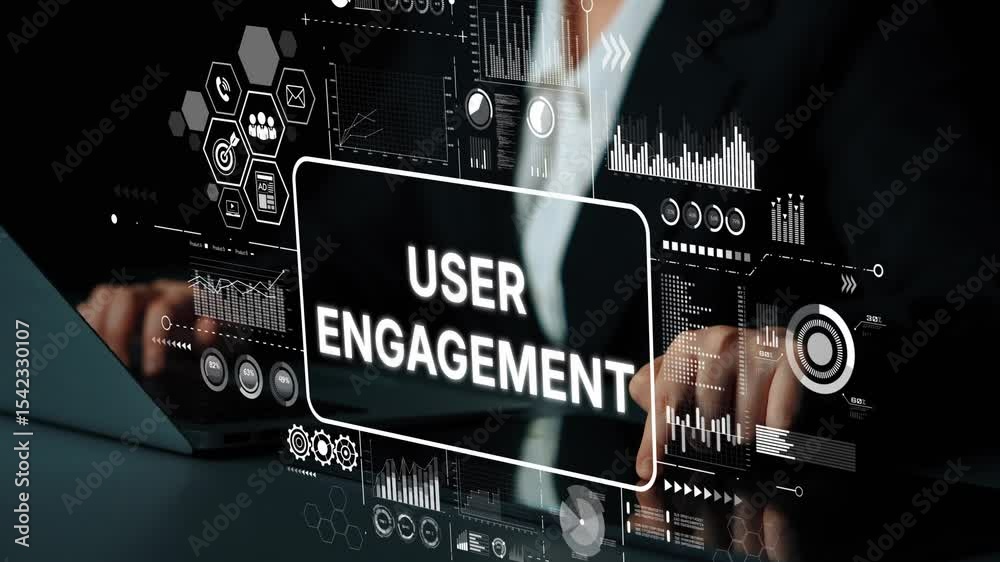 Poster business professional analyzing data with focus on user engagement metrics and digital graphs in mod