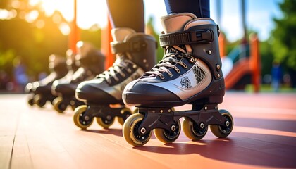 Rollerblading in park with sunset.