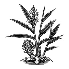 Complete Ginger Plant Showing Leaves Flower Spike and Underground Rhizome Root Black and White Outline Line Art Drawing