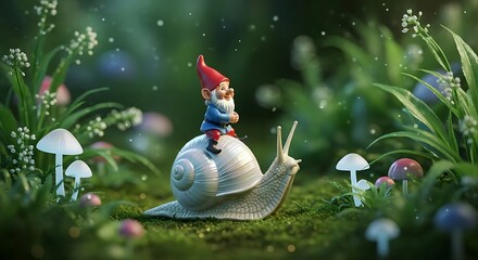 Charming Garden Gnome Riding a Snail Shell through Lush Green Foliage and Mushrooms