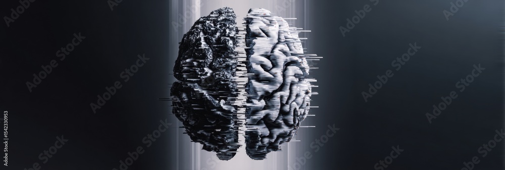 Aufkleber Fractured Brain Design With Glitch Effect on Dark Gradient Background Emphasizing Surreal Concept and Visual Distortions