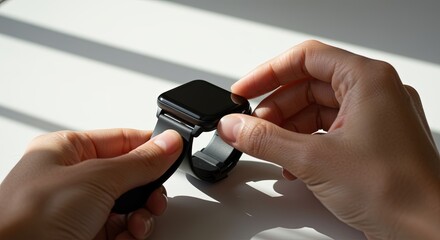 Hands holding black smart watch for review and unboxing of new technology and modern wearable device