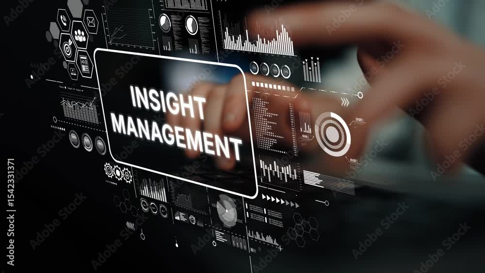 Poster futuristic digital interface showing insight management concepts with data visualization elements an