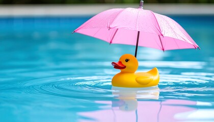 Rubber duck with pink umbrella, and pool.