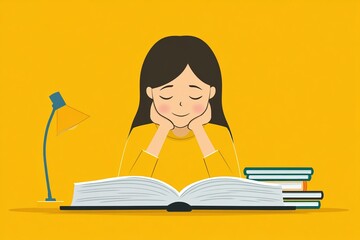 Young Girl Reading Book At Desk, Yellow Background, Pixel Art Illustration