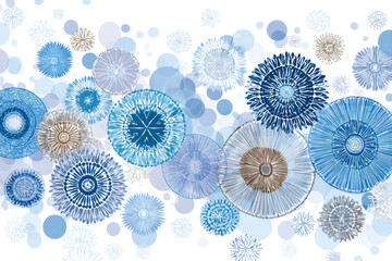 Colorful floral patterns in shades of blue fill the background with a refreshing artistic vibe perfect for decor