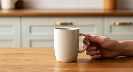 Morning coffee mug hand holding kitchen table breakfast beverage drinkware lifestyle home interior