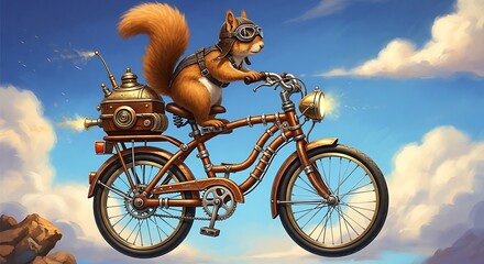 Adventurous Squirrel on a Steampunk Bicycle Soaring Through Clouds