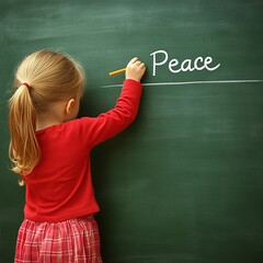 Young Girl Writing "Peace" On Green Chalkboard