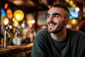 Young Man Smiling In A Pub At Night