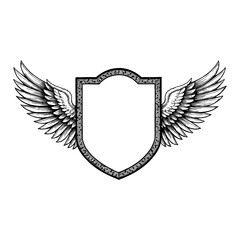 Obraz premium Elegant Blank Crest Shield with Detailed Feathery Wings Black and White Outline Line Art Drawing Engraving Style Vector