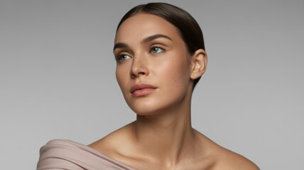 Portrait of young caucasian female with elegant updo and neutral expression