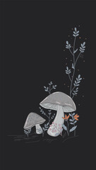 Mushroom illustration on dark background. Botanical vector graphic