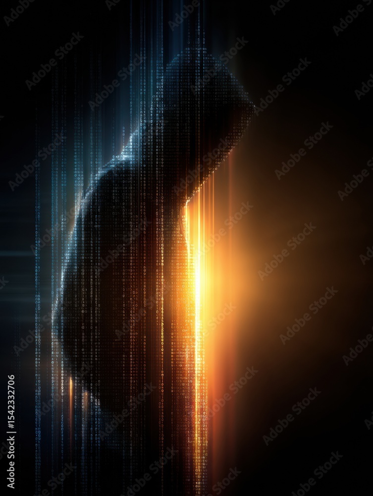 Fototapete Silhouette of a Hacker With Flowing Data and an Abstract Glow Against a Dark Background
