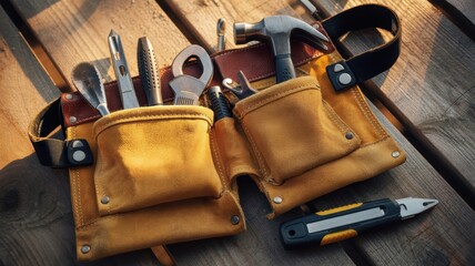 Leather tool belt on wooden table with various hand tools in soft sunlight