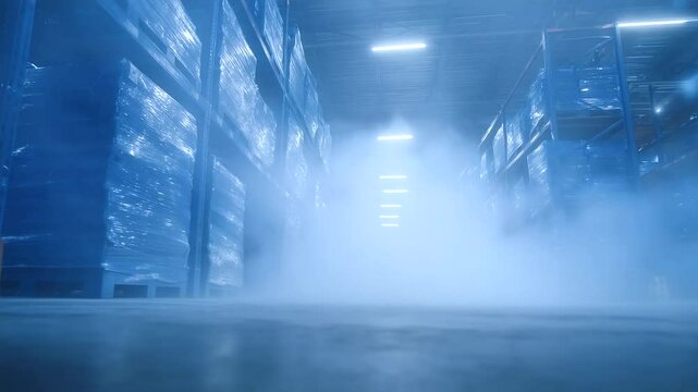 Cool vapor lingers in the air of an expansive cold storage room, where goods stacked on industrial steel shelves form symmetrical rows under icy blue fluorescent light