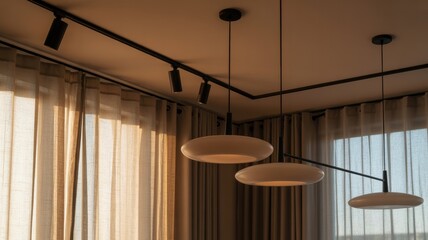 Modern interior design with pendant and track lighting in cozy living room
